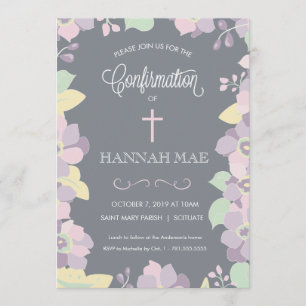 Confirmation Invitation Card with Flowers & Cross
