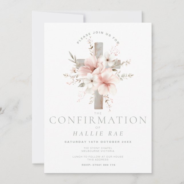Confirmation Invitation Girl, Modern Floral Cross (Front)