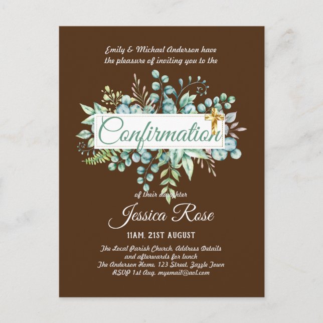 Confirmation Invitations Eucalyptus Greenery Budge (Front)