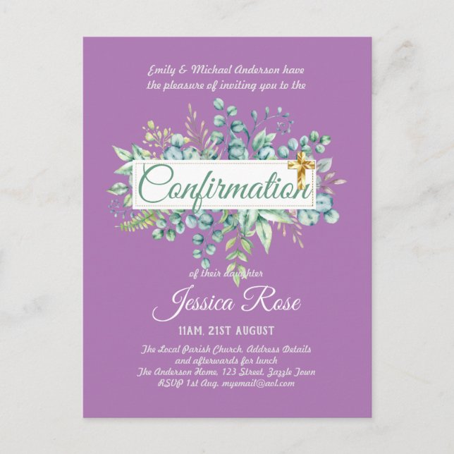 Confirmation Invitations Eucalyptus Greenery Budge (Front)