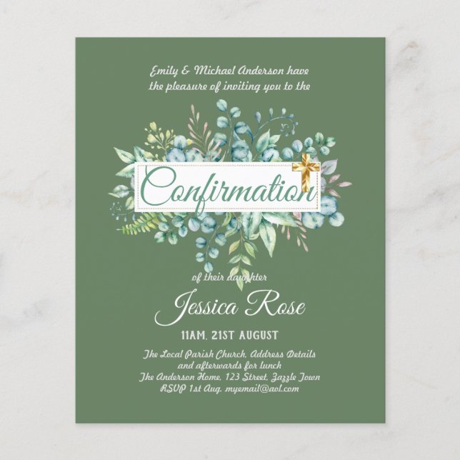Confirmation Invitations Eucalyptus Greenery Budge (Front)