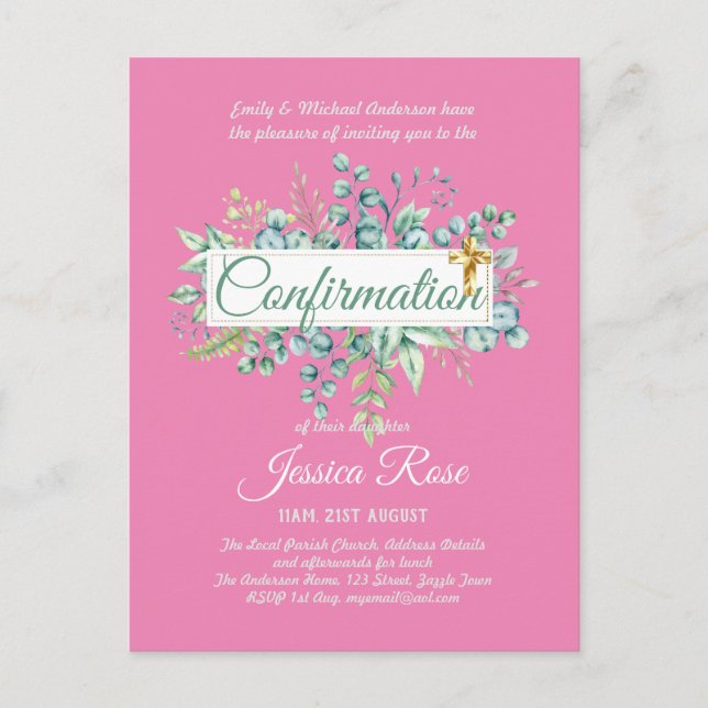 Confirmation Invitations Eucalyptus Greenery Budge (Front)