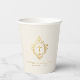 Confirmation Ivory Faux Gold Crest & Cross Elegant Paper Cups