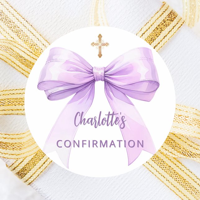 Confirmation lavender bow girl cross classic round sticker (Creator Uploaded)