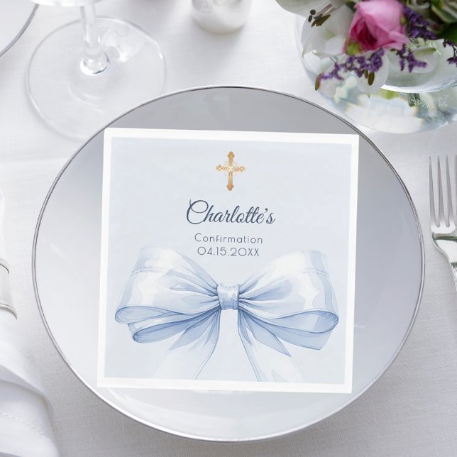 Confirmation light blue bow cross girl luncheon napkin (Creator Uploaded)
