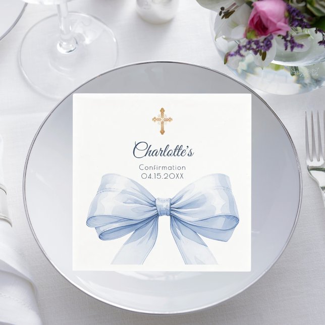Confirmation light blue bow cross luncheon napkin (Creator Uploaded)