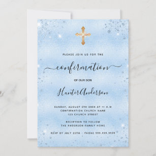 Confirmation light blue gold cross boy invitation