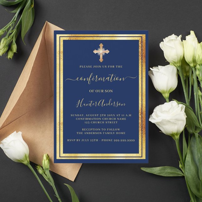 Confirmation navy blue gold gold cross invitation (Creator Uploaded)