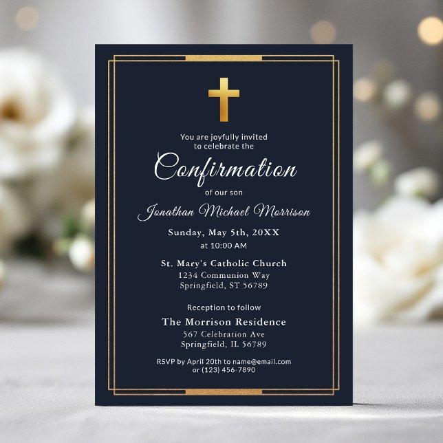 Confirmation Navy Blue Gold Minimalist Boy  Invitation (Creator Uploaded)
