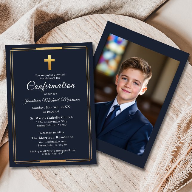 Confirmation Navy Blue Gold Photo Boy  Invitation (Creator Uploaded)