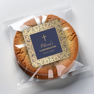 Confirmation Navy Blue Gold Roses Elegant Vintage Square Sticker