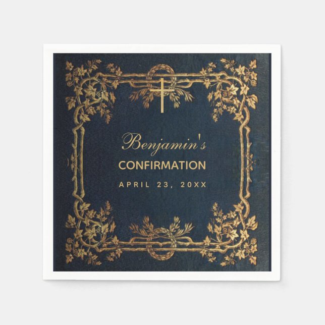 Confirmation Navy Blue Gold Vines Vintage Elegant  Napkin (Front)