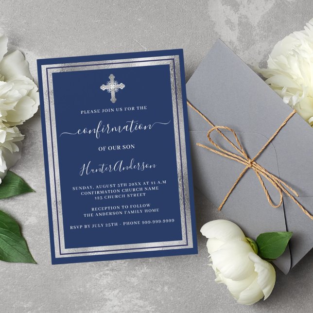 Confirmation navy blue silver cross luxury invitation (Creator Uploaded)