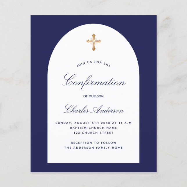 Confirmation navy blue white arch boy invitation (Front)