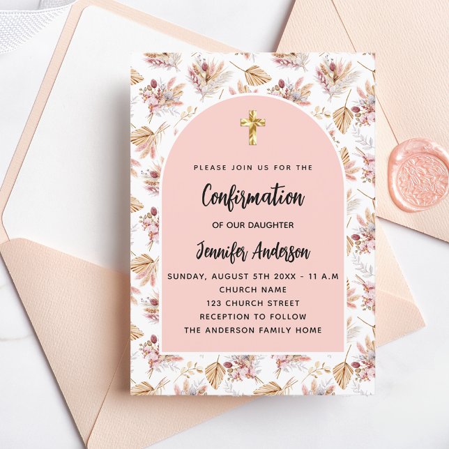 Confirmation pampas flowers rose gold boho invitation (Creator Uploaded)