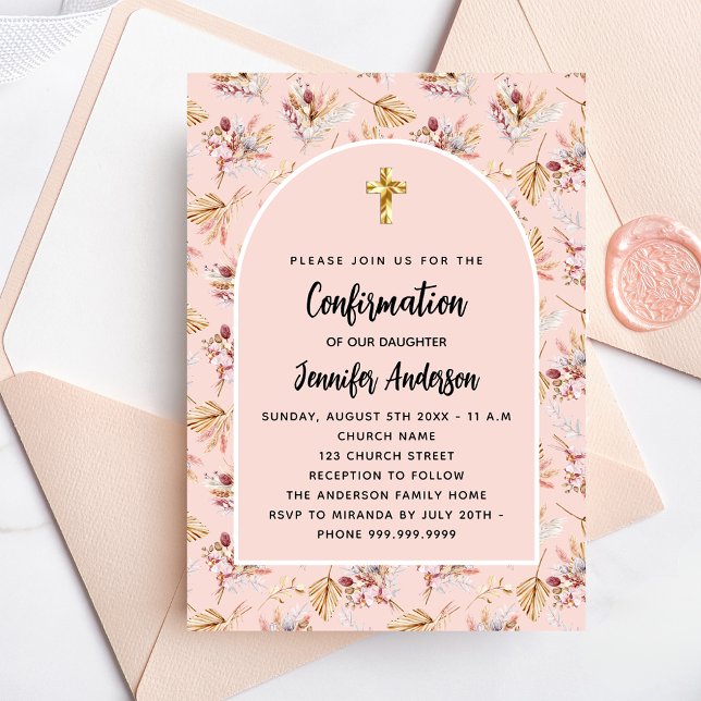 Confirmation pampas grass flowers rose gold luxury invitation (Creator Uploaded)