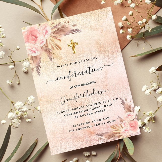 Confirmation pampas grass rose gold blush luxury invitation (Creator Uploaded)