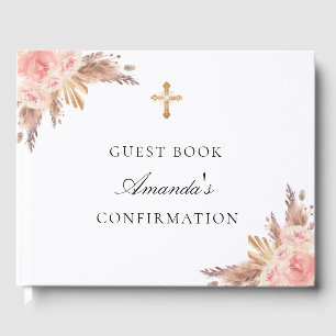 Confirmation pampas grass rose gold girl cross guest book