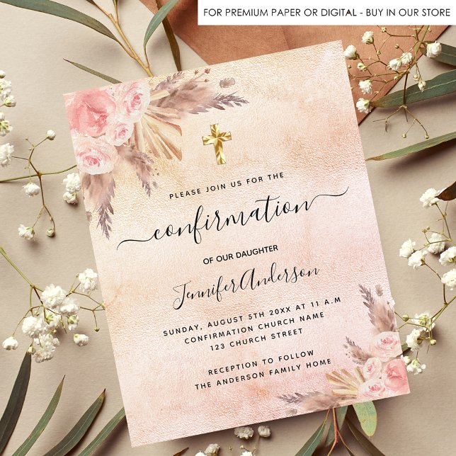Confirmation pampas rose gold pink girl invitation (Creator Uploaded)