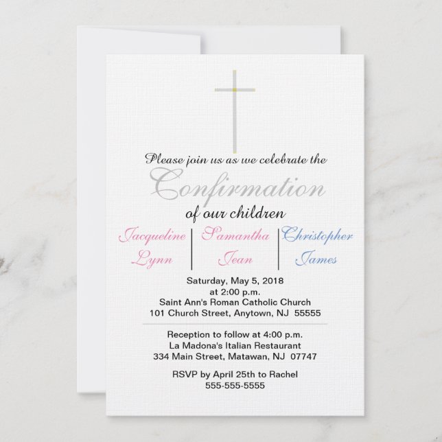 Confirmation Pink Blue Triplets Invitation (Front)