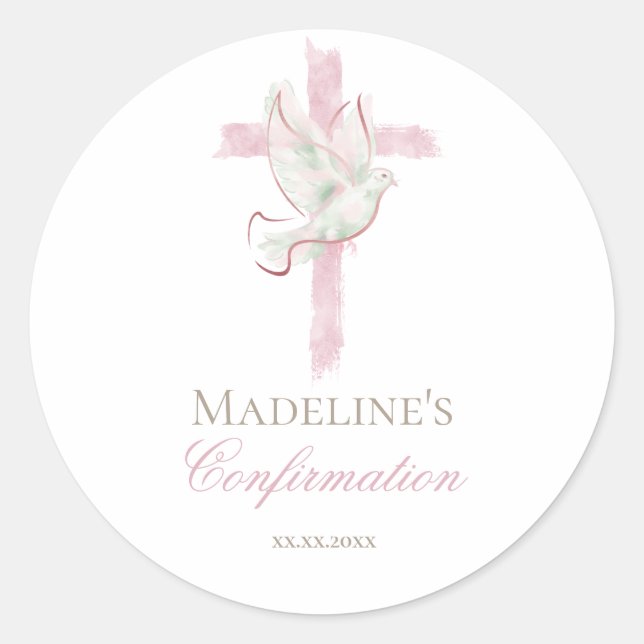 Confirmation pink cross classic round sticker (Front)