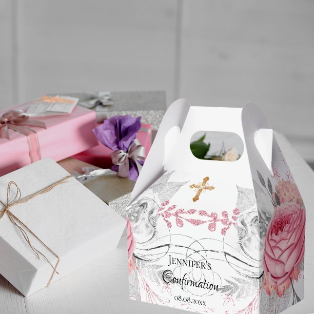 Confirmation pink floral silver modern girl favour box (Creator Uploaded)