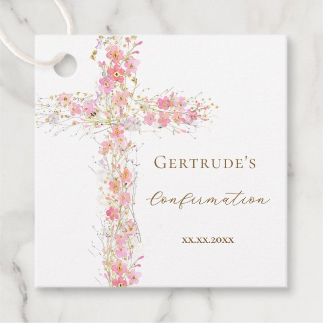 Confirmation pink flowers cross favour tags (Front)