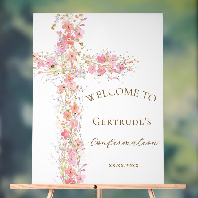 Confirmation pink flowers cross welcome sign (Neutral)