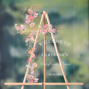 Confirmation pink flowers cross welcome sign