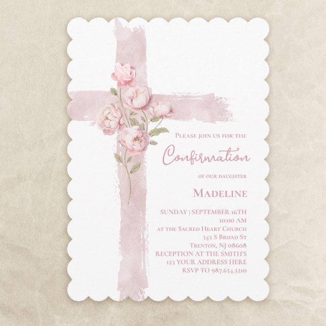Confirmation pink peonies cross  invitation (Creator Uploaded)