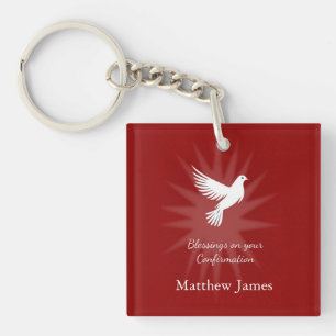Confirmation Religious Red Dove Rays Design Key Ring