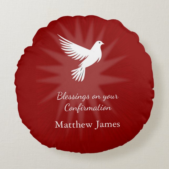 Confirmation Religious Red Dove Rays Design Round Cushion (Front)