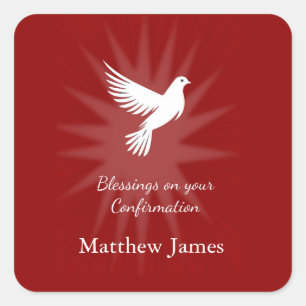 Confirmation Religious Red Dove Rays Design Square Sticker