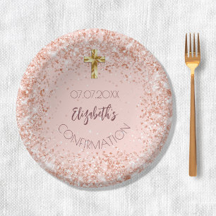 Confirmation rose gold confetti girl name paper plate