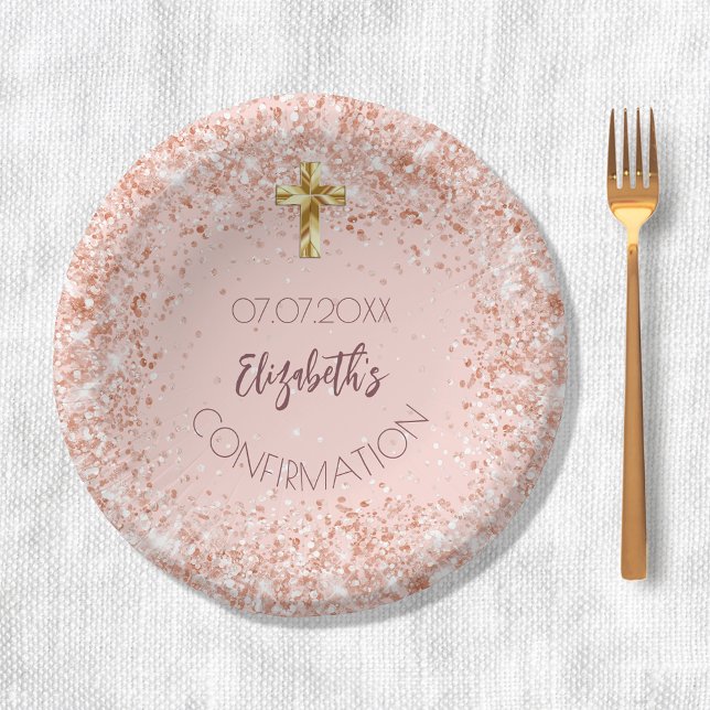 Confirmation rose gold confetti girl name paper plate (Creator Uploaded)