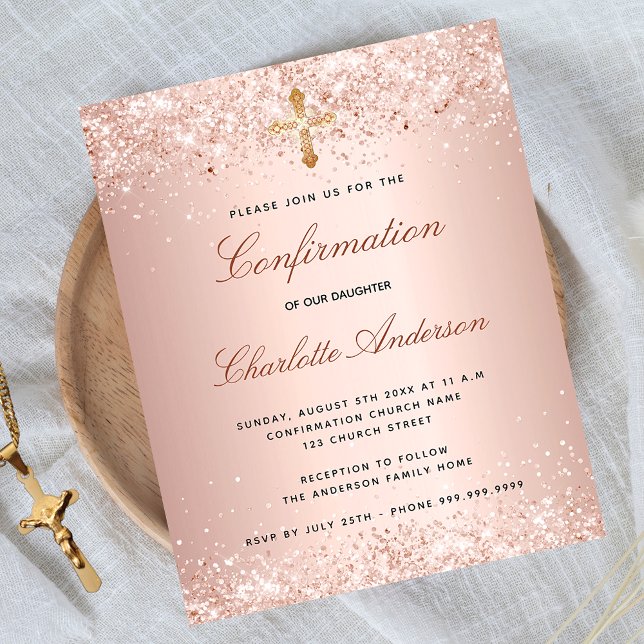 Confirmation rose gold glitter budget invitation flyer (Creator Uploaded)