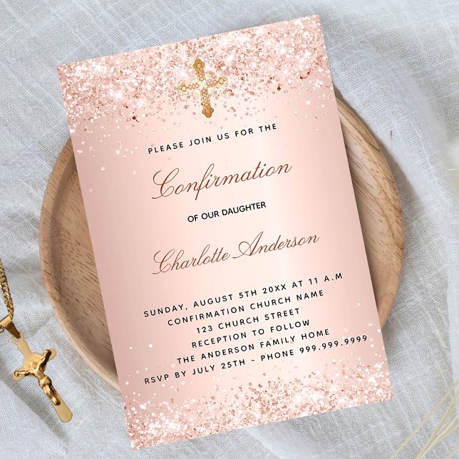 Confirmation rose gold glitter dust cross invitation (Creator Uploaded)