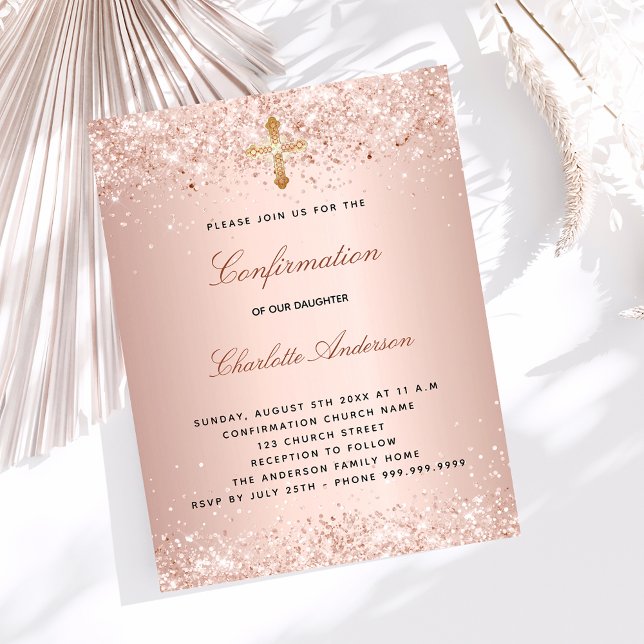 Confirmation rose gold glitter dust cross invitation postcard (Creator Uploaded)