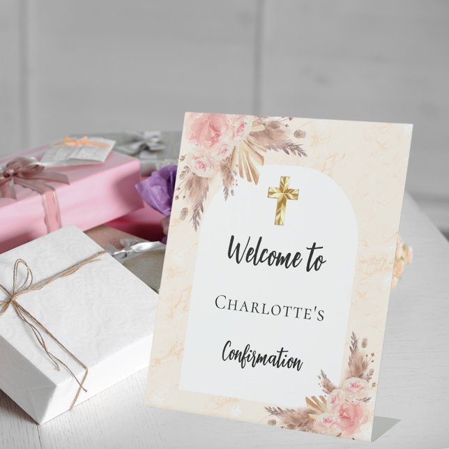 Confirmation rose gold peach arch welcome pedestal sign (Creator Uploaded)