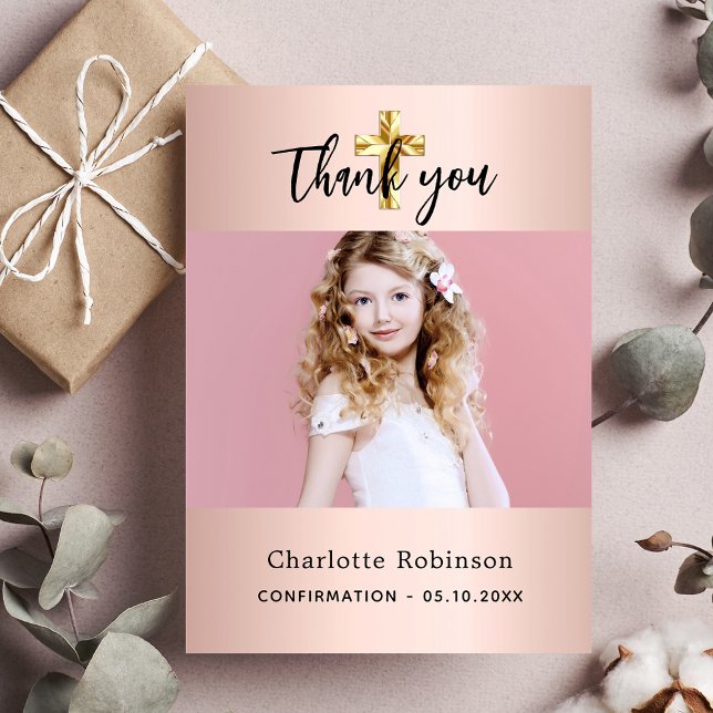 Confirmation rose gold photo girl thank you card (Creator Uploaded)