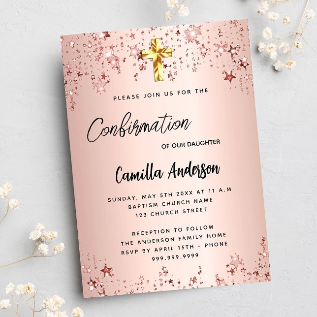 Confirmation rose gold stars girl script invitation (Creator Uploaded)