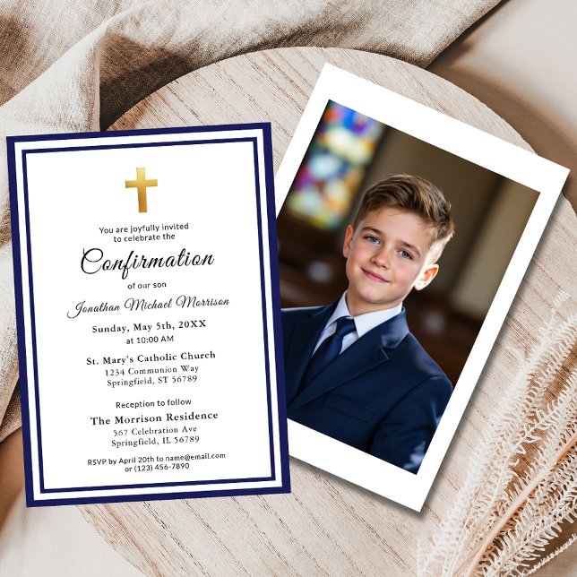 Confirmation Royal Blue White Minimalist Photo Invitation (Creator Uploaded)
