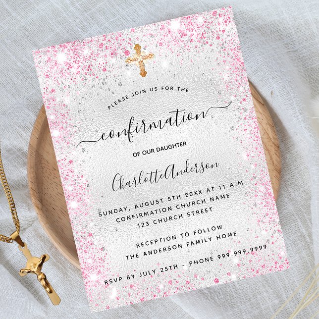 Confirmation silver pink glitter girl glamorous invitation (Creator Uploaded)