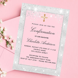 Confirmation silver pink glitter script luxury invitation