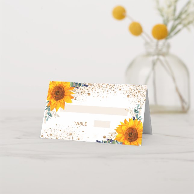 Confirmation sunflower eucalyptus gold glitter place card (Front)