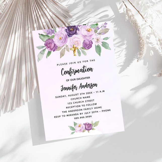 Confirmation violet flowers greenery cross luxury invitation (Creator Uploaded)