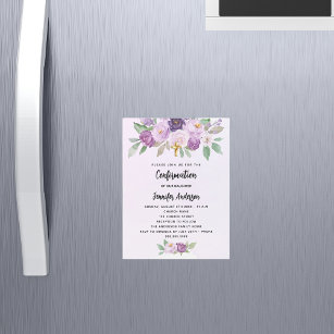 Confirmation violet flowers greenery cross luxury magnetic invitation