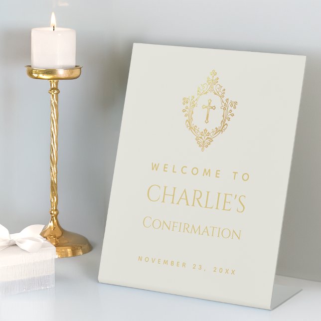 Confirmation Welcome Ivory Faux Gold Cross & Crest Pedestal Sign (Creator Uploaded)
