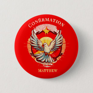 Confirmation White Dove Red Flamed Custom 6 Cm Round Badge