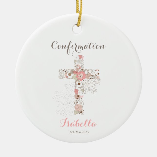 Confirmation white floral cross  ceramic tree decoration (Front)